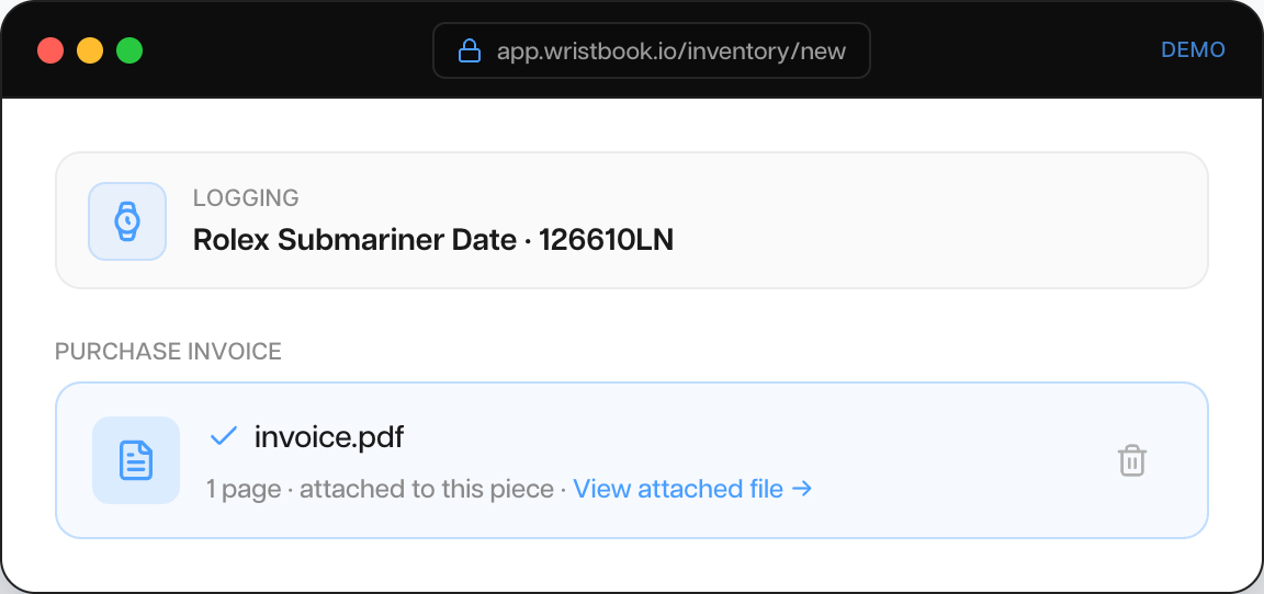 A purchase invoice attached to a watch in WristBook