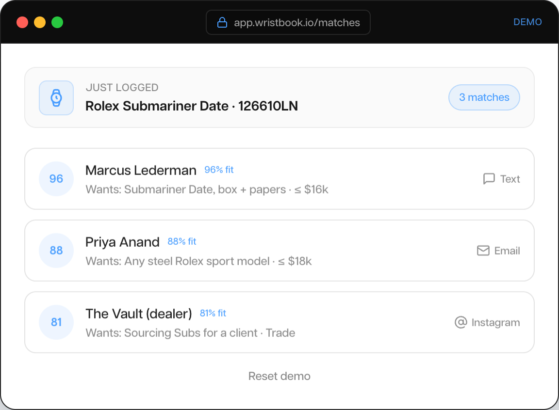 Buyer match cards with one-tap outreach channels