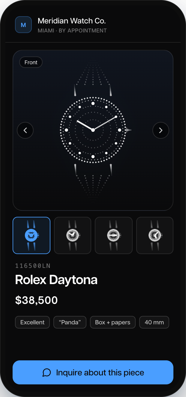 A buyer-facing share page for a watch