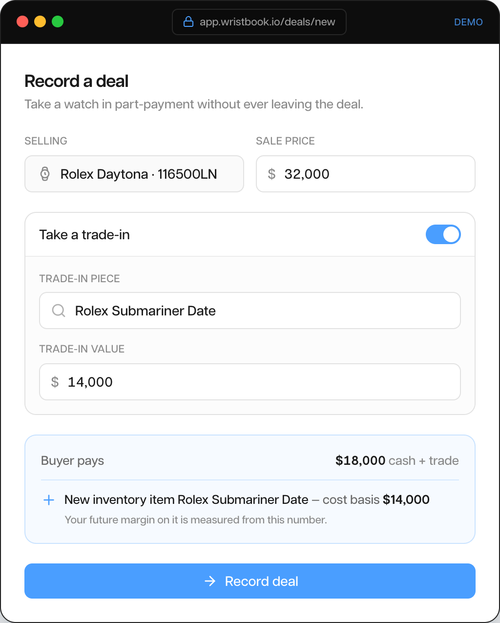 Recording a deal with a trade-in taken in part-payment